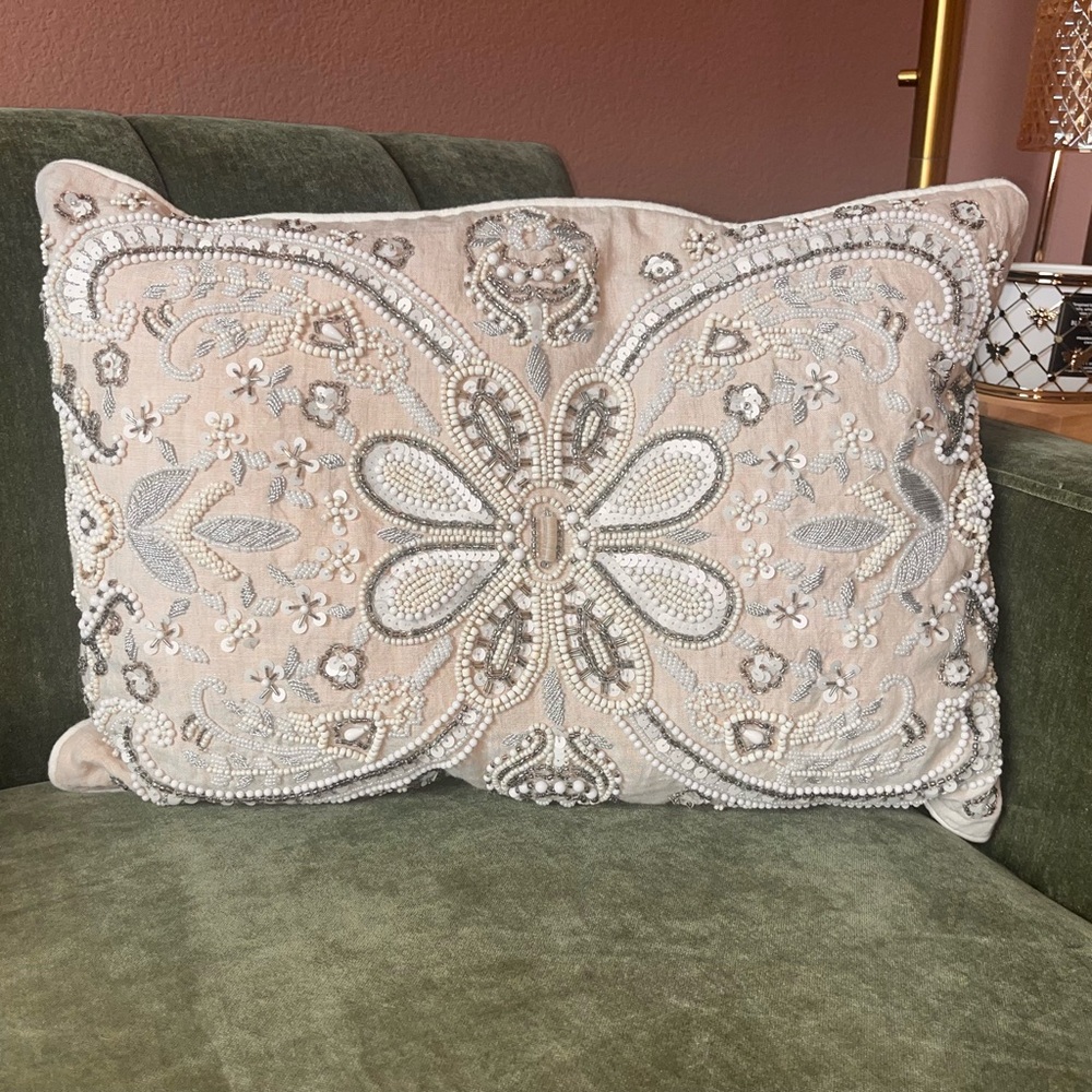 NOBLE EXCELLENCE® Two Embroidered Jeweled Tan Cream & Silver Decorative Pillows - Picture 2 of 15